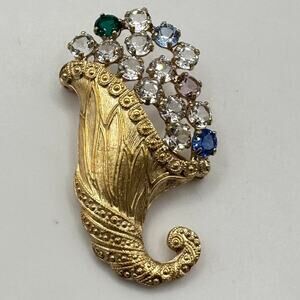 B. David vintage gold tone multicolor glass rhinestones cornucopia brooch